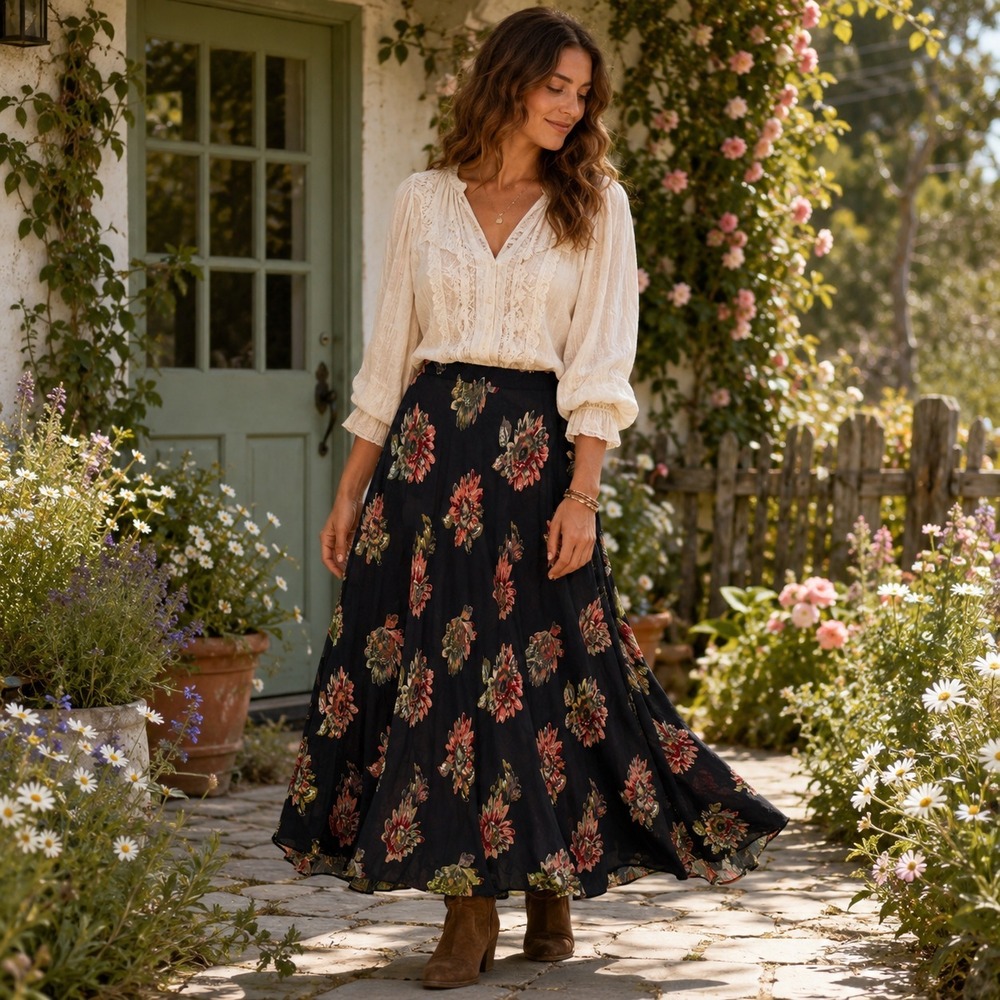 Coldwater Creek Reversible Floral Maxi Skirt Sz S Petite Boho Cottage Ethereal